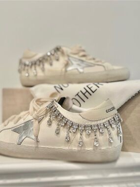 Golden Goose Cream Leather Sneaker with rhinestone collar